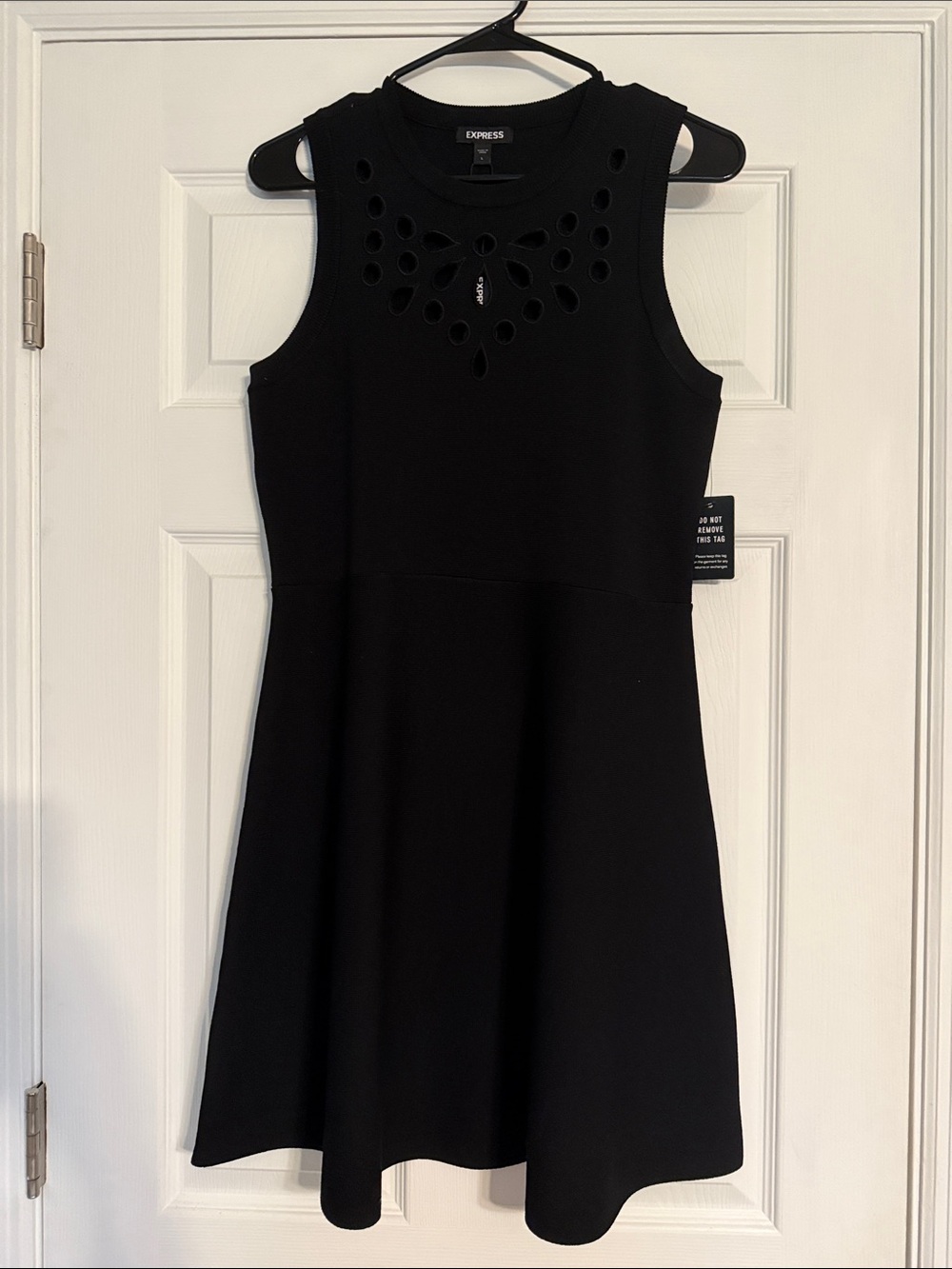 Express Black Sleeveless Fit & Flare Dress with Laser-Cut Neckline